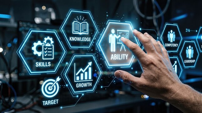 Futuristic skills and ability management interface, digital knowledge and growth icons, professional competency and leadership development concept