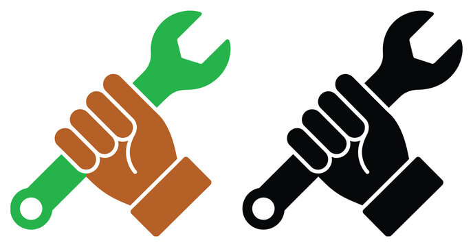 Hand holding wrench silhouette symbol icon for fixing tools repair work and industrial service vector illustration design.