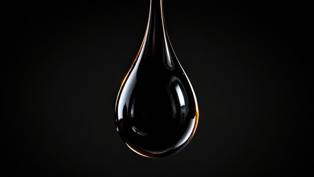 Viscous Crude Oil Drop Hanging in darkness illustrates the concentrated energy and high value of petroleum resources through professional macro photography
