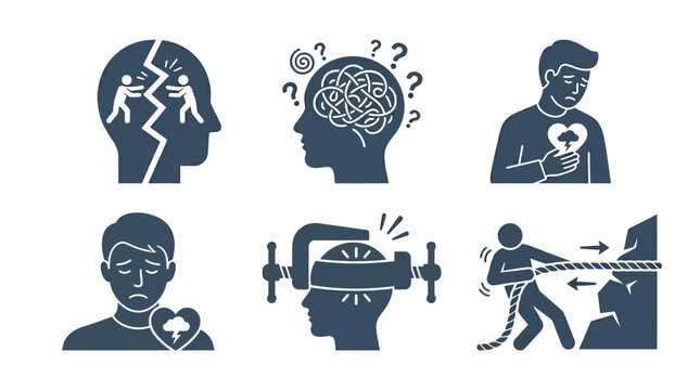 Mental Health Icons: Stress, Anxiety, Depression, Conflict, Overthinking, Struggle