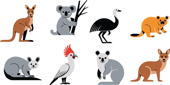 Australian animal vector set, cartoon kangaroo, koala clipart, wildlife icons, native species illustration, flat style fauna graphics collection.