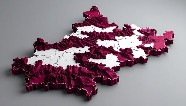 Abstract 3D map of Kosovo in pixels, stylized relief map with detailed borders and land areas, digital representation of territory, spatial data visualization