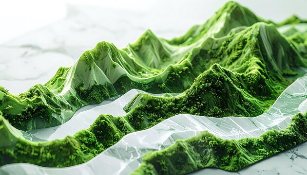 Abstract 3d terrain with green mossy mountains and flowing water, digital landscape visualization, nature exploration, ecological theme, data mapping