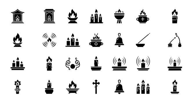 Candle flame icons set with wax candles, tapers, holders and burning wicks for religious and meditation themes