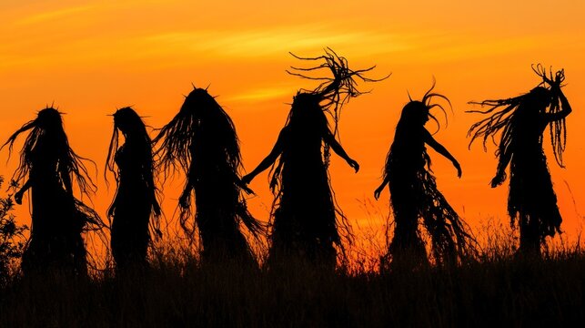 Silhouetted figures in flowing attire dance atop a grassy hill during a vibrant sunset