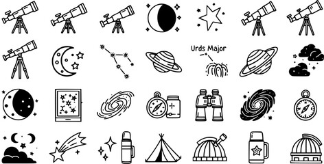 Astronomy and Stargazing Black  White Line Art Icons Set. Space Exploration, Night Sky Observation, and Camping Doodle Symbols Collection. © pixsource