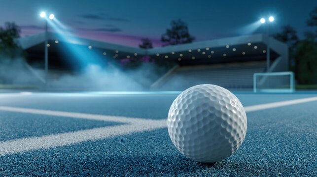 White field hockey ball resting on a blue synthetic turf pitch under bright stadium floodlights at dusk, with a goal in the blurred background.