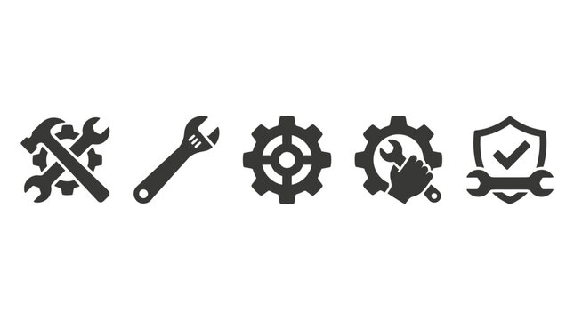 Set of repair and maintenance icons: wrench, hammer, gears, shield, checkmark