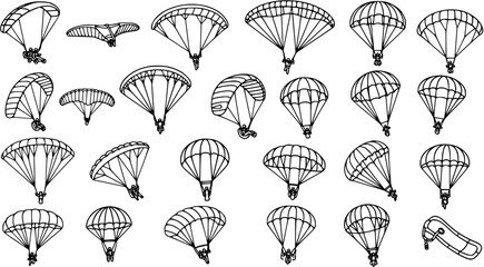 Black and White Line Art of Parachutes and Paragliders for Extreme Sports and Aviation © pixsource