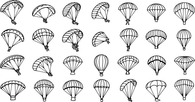 Black and White Line Art of Parachutes and Parachutists in Various Poses
