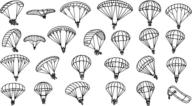 Black and White Line Art of Parachutes and Paragliders for Extreme Sports and Aviation