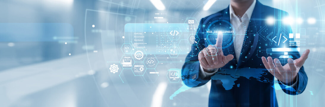 Web developer hand touching web development link on a holographic interface to build responsive, high-performance websites and dynamic user experiences for modern digital businesses today.
