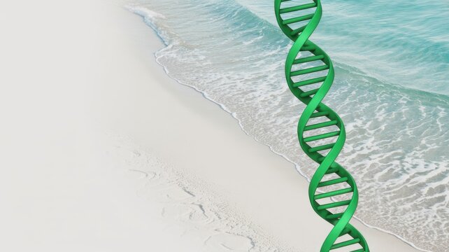 A green DNA double helix structure stands on a serene beach with waves gently lapping at the shore.