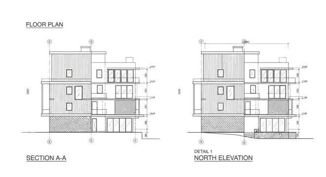 Architectural floor plan and elevation drawing of a modern residential building