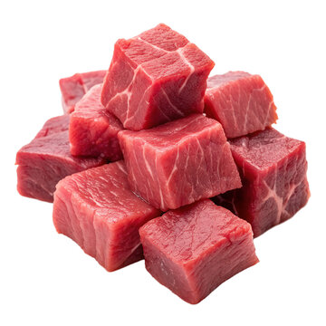 Raw beef meat cubes for healthy protein cooking and natural culinary food ingredient and meal isolated on transparent background