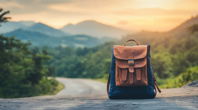 Leather backpack rests on road with mountain backdrop, at sunset