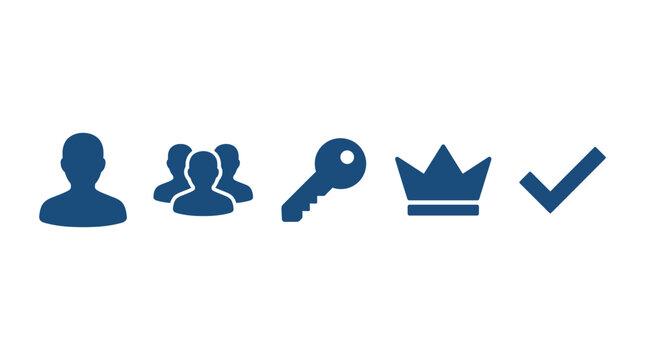 Teamwork Success Icons: User, Group, Key, Crown, Checkmark - Blue Silhouette