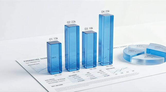 Blue glass bar chart on financial report, 3D translucent column graph for business data analysis, quarterly profit growth visualization