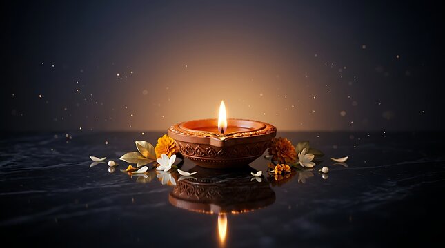 Traditional Lit Diya with Flowers for Diwali Celebration