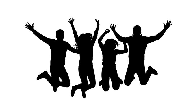 Silhouette People Jumping Joyfully Together.