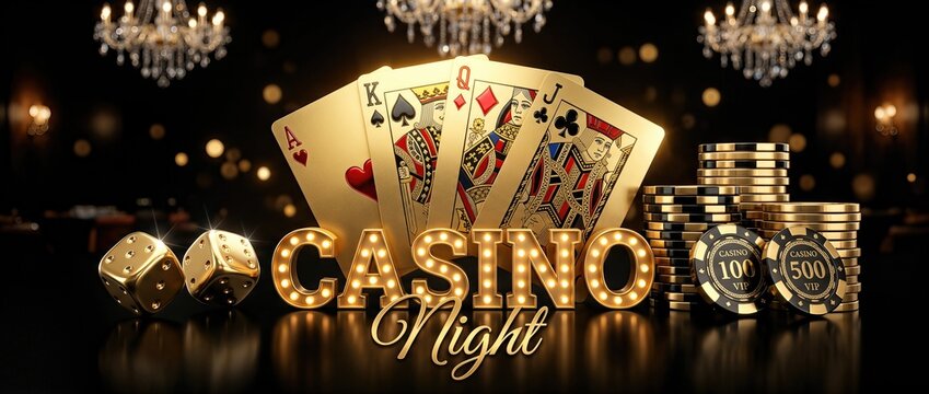 Luxurious Casino Night banner with golden playing cards, glowing marquee letters, poker chips and dice, elegant gambling background with bokeh lights