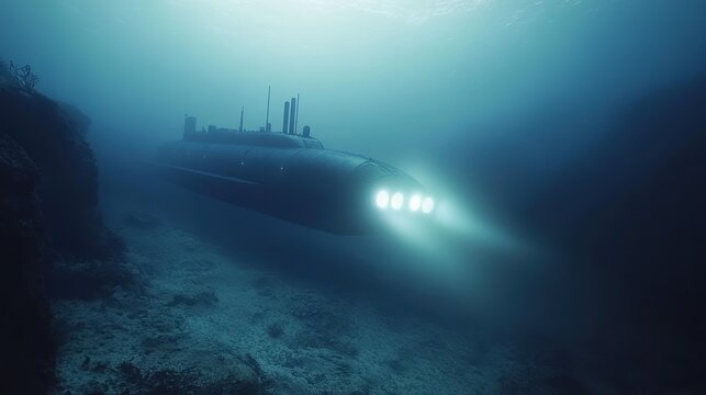 Submerged vessel with illuminated lights, gliding past a rocky underwater terrain in deep blue