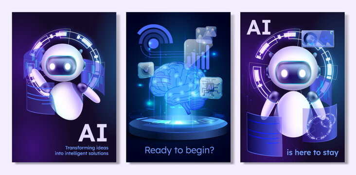 Artificial Intelligence Posters with Futuristic Robot and Tech Concepts