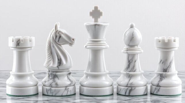 Close-up of elegant white marble chess pieces in a row, on a reflective surface