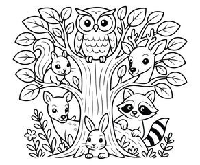Forest animals coloring page with owl squirrel raccoon rabbit and deer sitting in a tree. © ArifulIslam