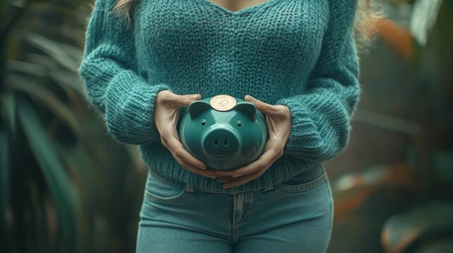 Woman in teal sweater holds blue piggy bank with coin, set against lush green foliage