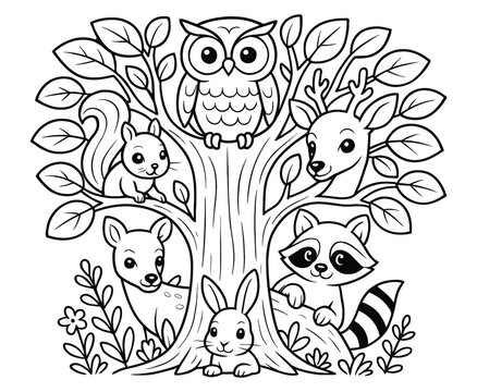 Forest animals coloring page with owl squirrel raccoon rabbit and deer sitting in a tree.