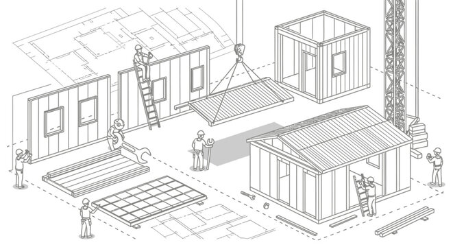 Construction illustration workers assembling building components on a blueprint