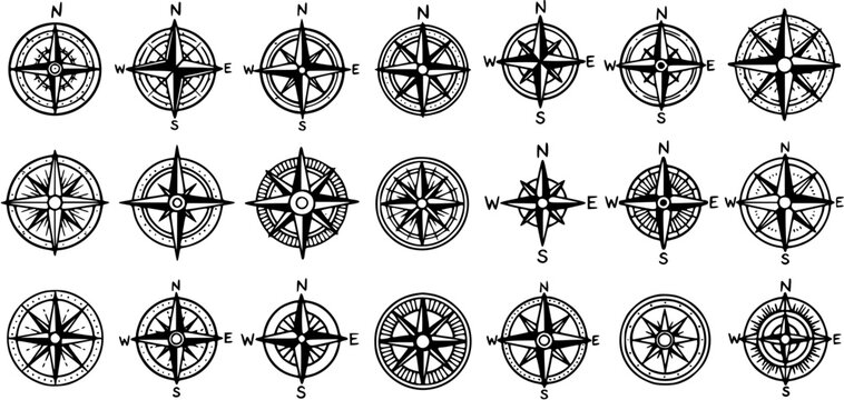 Black and White Line Art Compass Rose Collection, Navigation Symbols, Nautical Vector Graphics