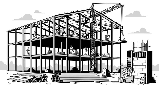 Construction site with steel frame building under construction vector illustration
