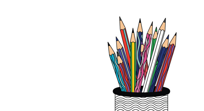 Group of colorful wooden pencils with different patterns standing in a round holder against a white background.