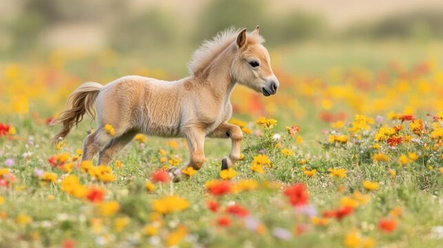 A light brown foal gallops through a wildflower meadow, bathed in sunlight, joyous and free