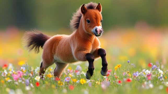 A fluffy brown foal frolics playfully through a vibrant field of colorful wildflowers in the sun