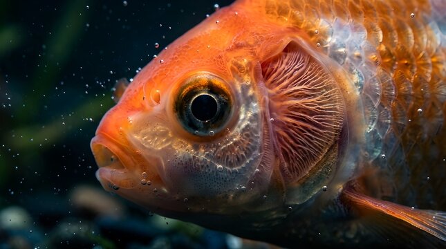 Macro Close-Up of a Goldfish Head with Bubbles in an Aquarium