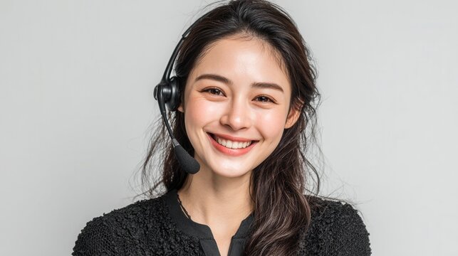 professional streaming or online meeting concept featuring an Asian woman wearing a headset, focused and engaged in a modern digital workspace 