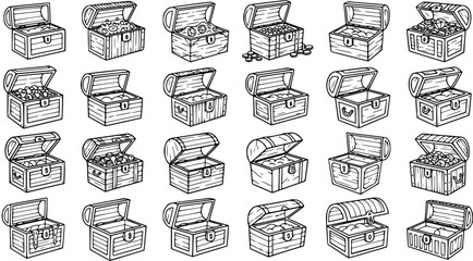 Black and White Line Art of Various Treasure Chests, Vector Illustration © pixsource