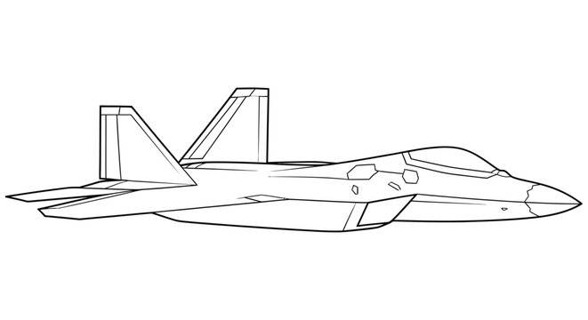 Line drawing of a modern fighter jet possibly an f 22 raptor in profile view