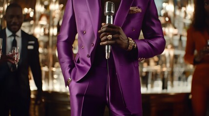 Fototapeta premium A man in a purple suit holds a microphone, surrounded by others in a sophisticated setting