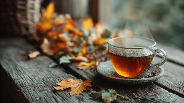 side view of a steaming tea cup surrounded by colorful autumn leaves, warm and cozy seasonal composition 
