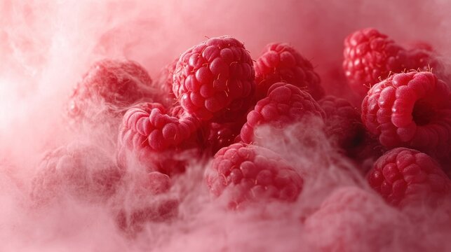 Macro shot of fresh, ripe raspberries nestled in a soft, pinkish fog or vapor, artfully lit