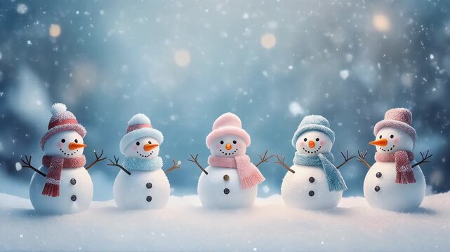 Cute Snowmen Standing in a Row with Falling Snow, Seamless Loop Festive Winter Holiday Full HD Background Animation