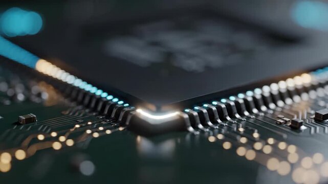 Macro video footage of a glowing computer processor chip on a circuit board illustrating high-speed data processing.