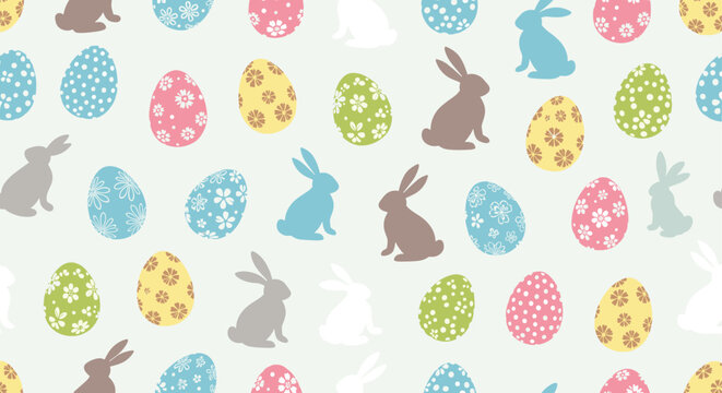 Detailed seamless pattern of colorful easter eggs with floral and dot patterns mixed with bunny silhouettes in pastel shades.