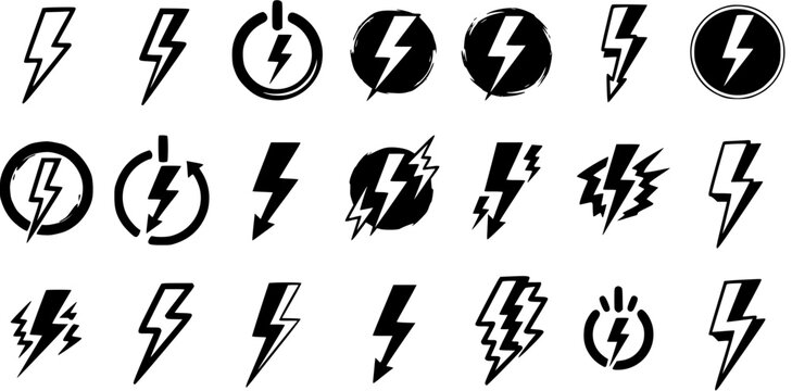 Black and White Lightning Bolt Icons, Power Symbol, Energy Vector Graphics