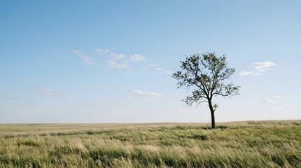 Fototapeta premium A lone tree stands tall in a vast green field under a clear blue sky with scattered clouds on a sunny day