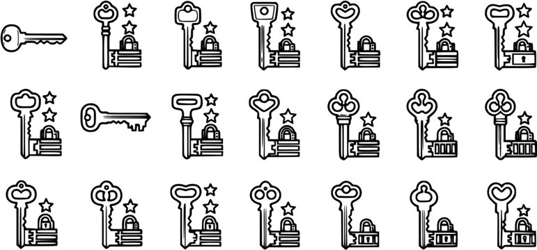 Black and White Line Art Icons of Keys and Locks, Security and Access Concept